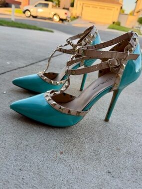 Teal Patent Pointed Toe Studded T-Strap Heels